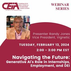 Graphic for February 2024 Webinar on "Navigating the Future: Generative AI’s Role in Internships, Employment, and DEI"
